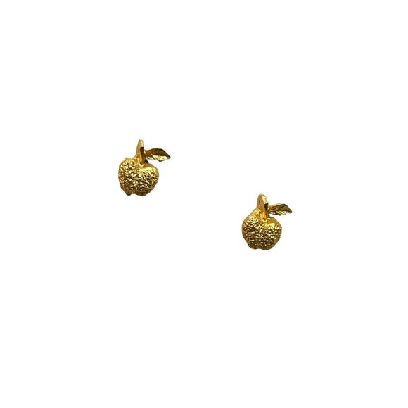 Vintage Gold Tone Apple Stud Earrings Pierced Textured Design Fruit Jewelry - Picture 1 of 7